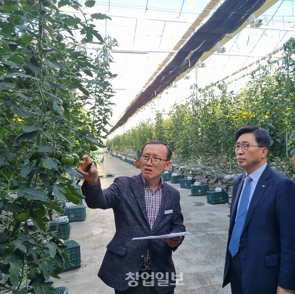쎄븐팜영농조합법인 현장 방문. 한국농수산식품유통공사 김춘진 사장(우측)